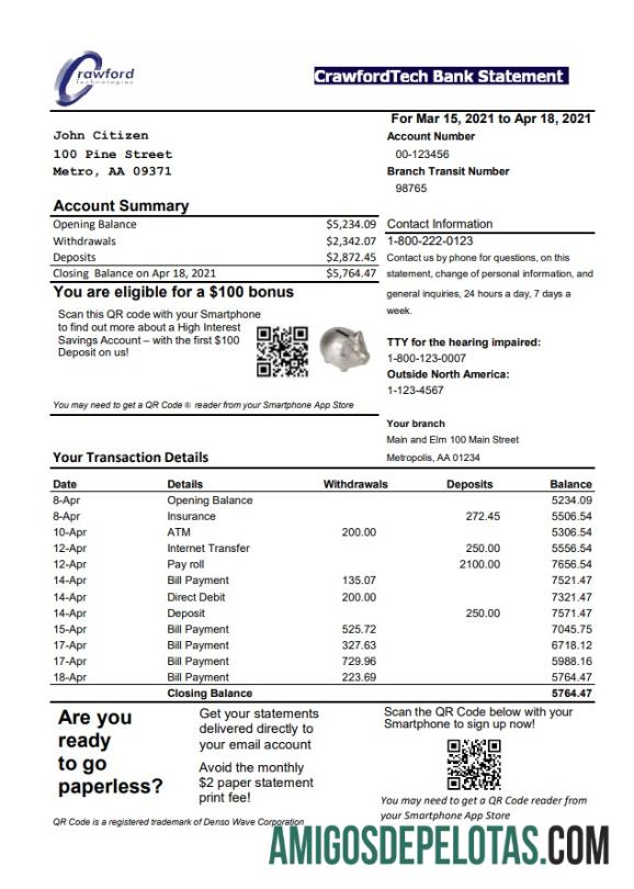 Extrato bancário do Canadá CrawfordTech para impressão, modelo fácil de preencher em formato Excel e PDF